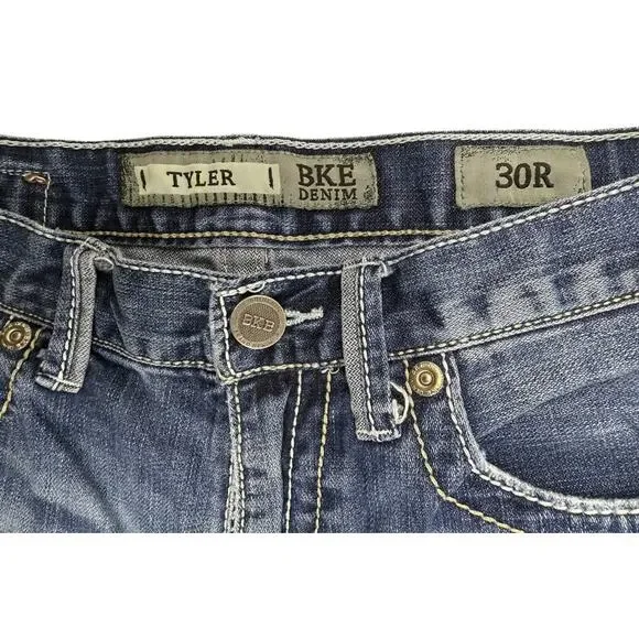 BKE Tyler Denim Jeans Mens 31 X 30 Blue Med Wash Whiskered Bootcut Ripped - Picture 2 of 14